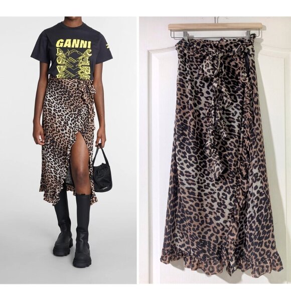 NWT Ganni | Mesh Ruffle Midi Wrap Skirt In Leopard - Picture 1 of 16